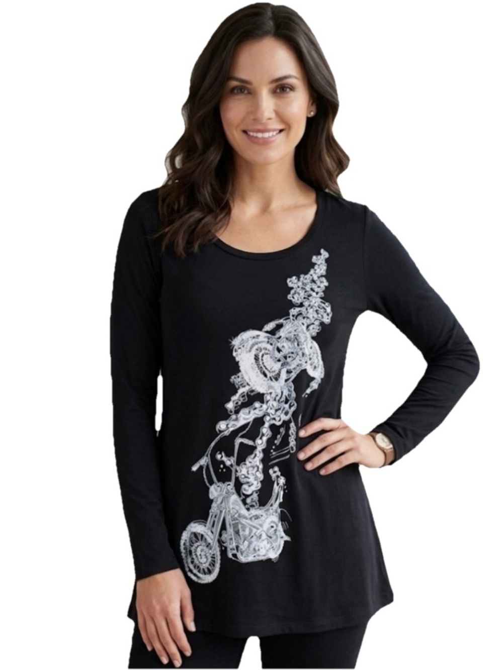 Lauren Moshi Motorcycle w/Hearts Women’s Black Tunic Long Sleeve Size Medium
